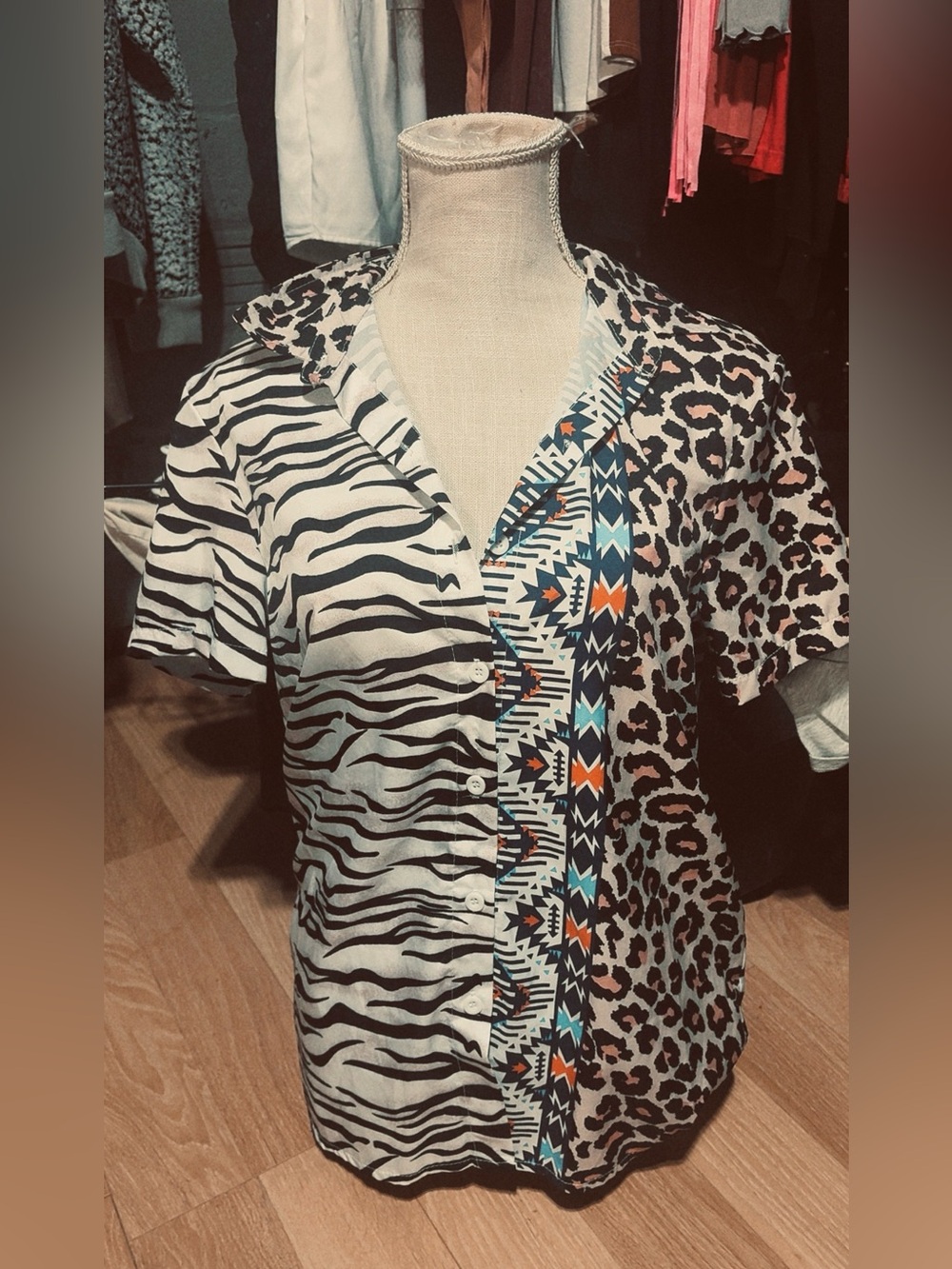 Mixed-Print Short Sleeve Button-Down Top in Black, White, Teal and Orange